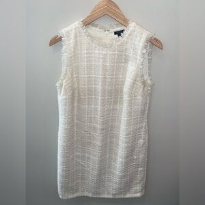 Ann Taylor White and Cream Tweed Shift Dress Sleeveless Crew Neck Fringe Size 6P